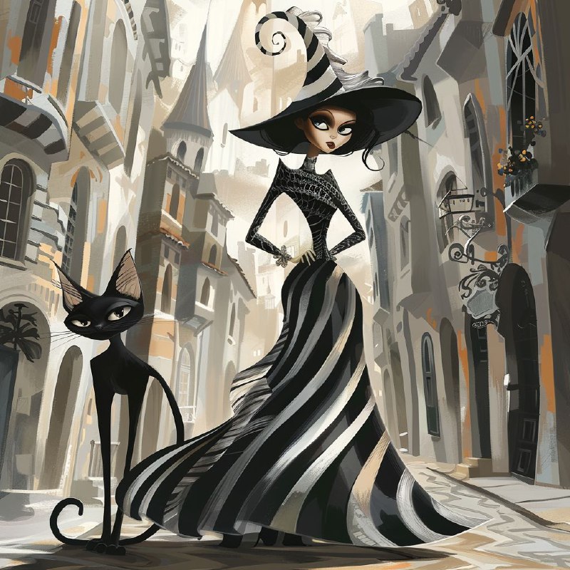 Tall Slender Woman and Cat in Striped Dress Urban Scene
