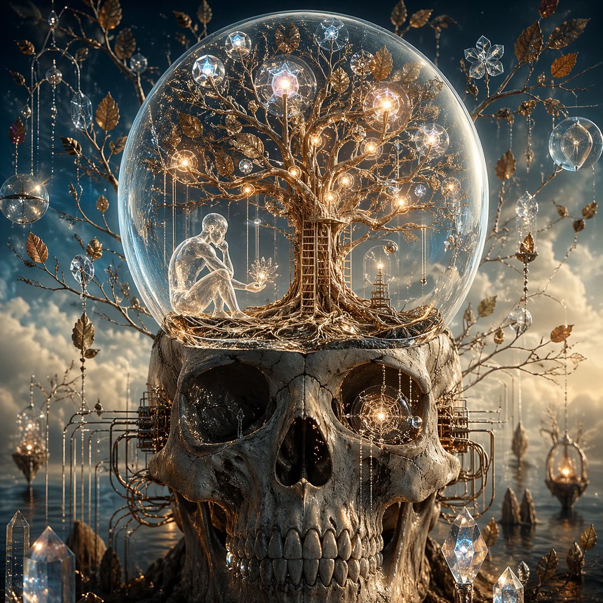 Skull-Borne Luminous Tree in Surreal Sphere