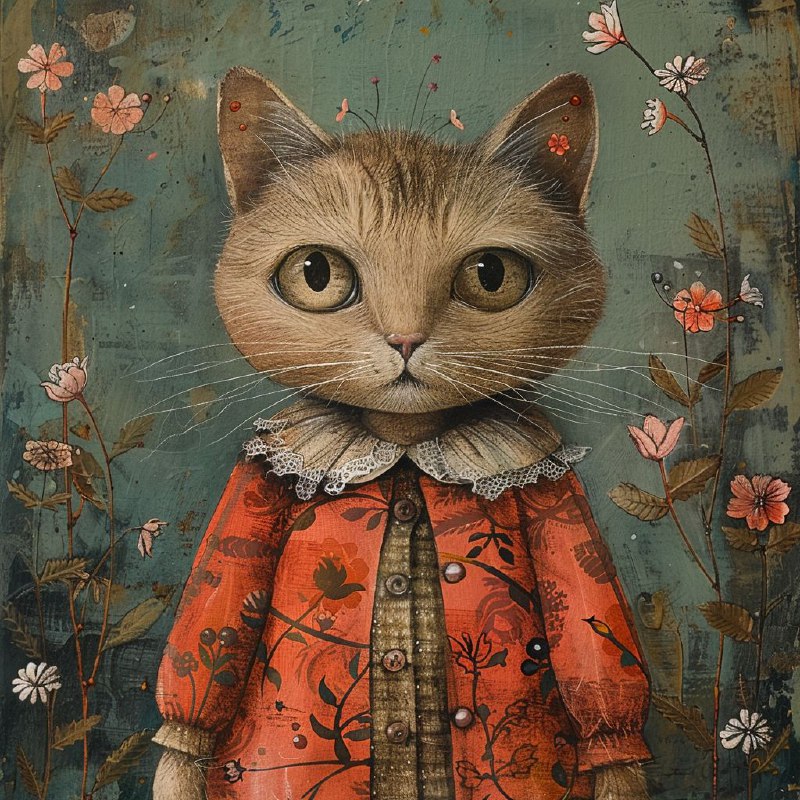 Whimsical Cat in Vintage Spring Clothes Mixed Media Art