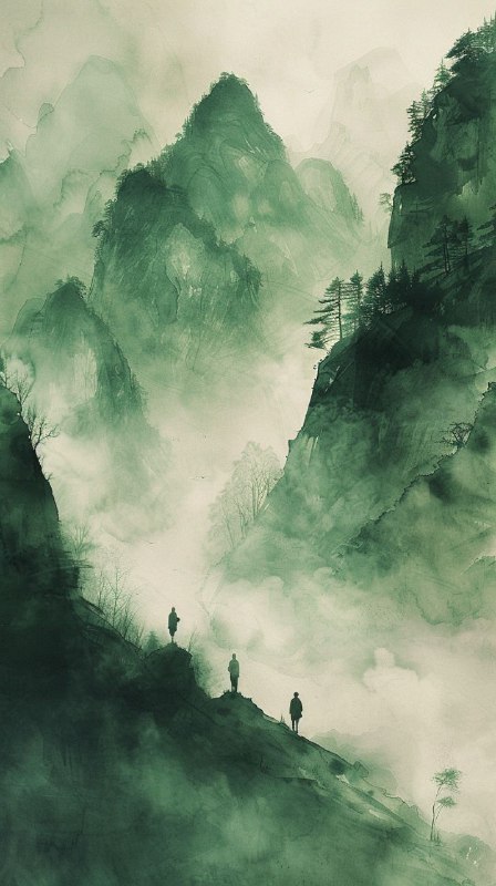 Chinese Ink Landscape With Dancing Kids Minimalist Art
