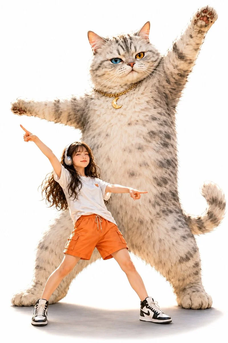 Giant Cat And Human Pose Together