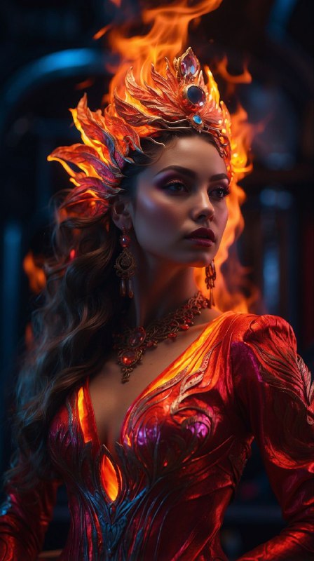 Fire Goddess in Flaming Red Dress Fantasy Portrait