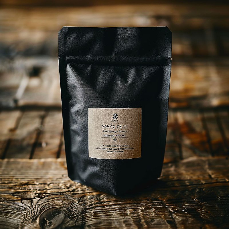 Premium Matte Black Pouch Packaging on Wood Background