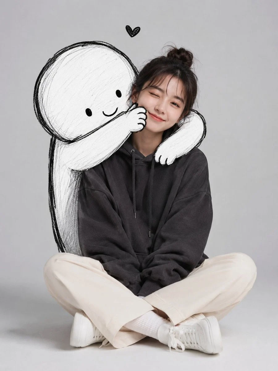 Doodle Spirit Hugs Smiling Girl