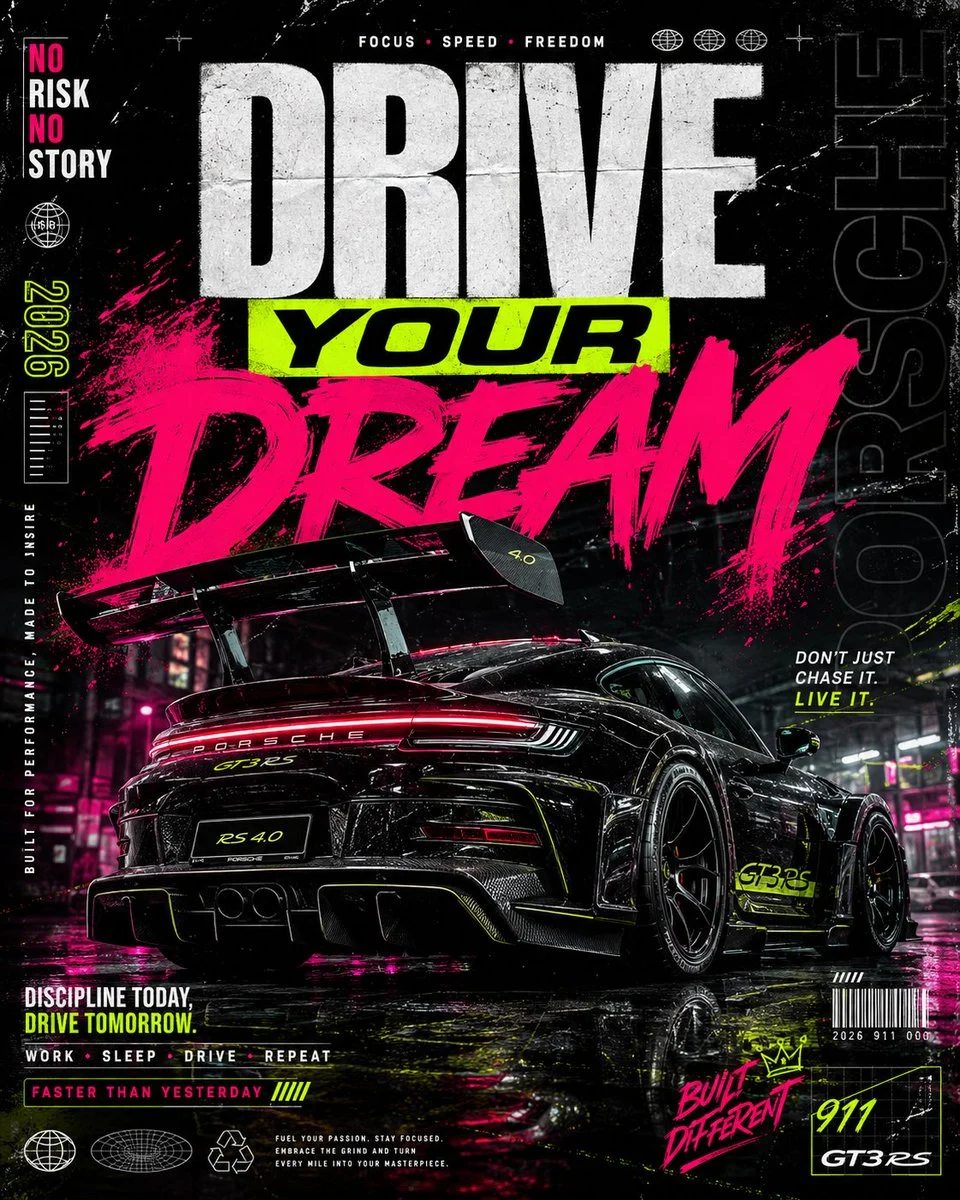 Neon Porsche Streetwear Poster