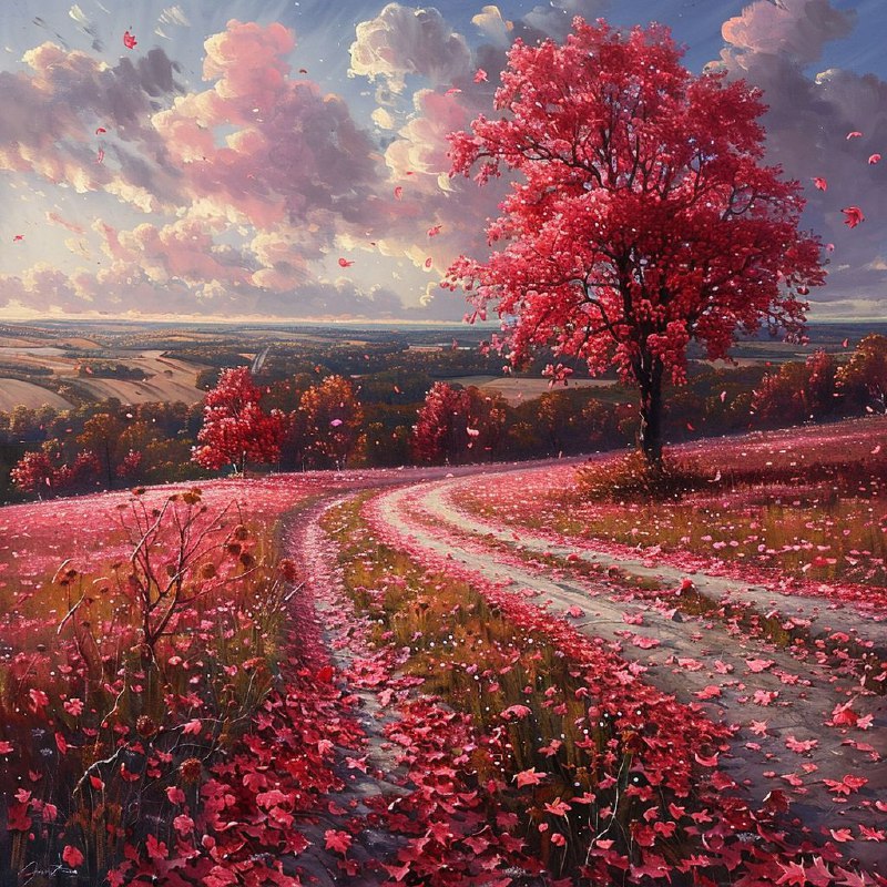 Golden Ratio Meadow Panorama With Pink Leaves Painting