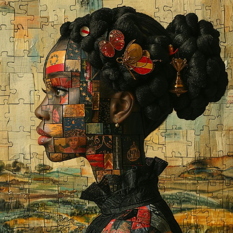 Pre-Raphaelite Surreal Black Girl Profile With Flag Art