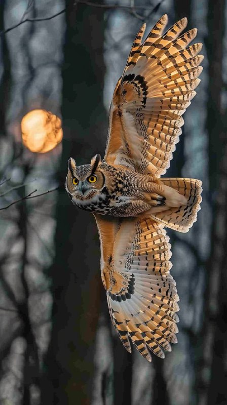 Owl in Flight Under Moonlight Telephoto Wildlife Shot
