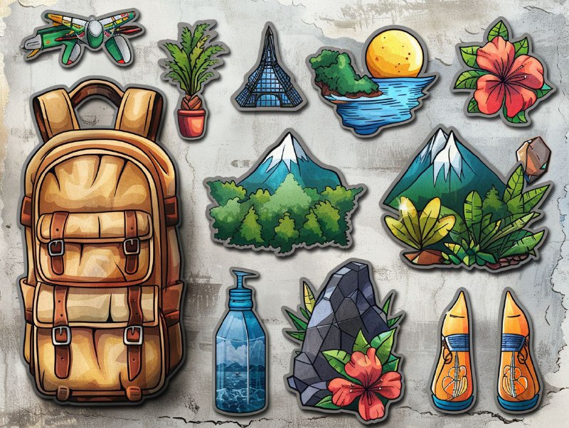 Travel Themed Cartoon Sticker Sheet on White Background