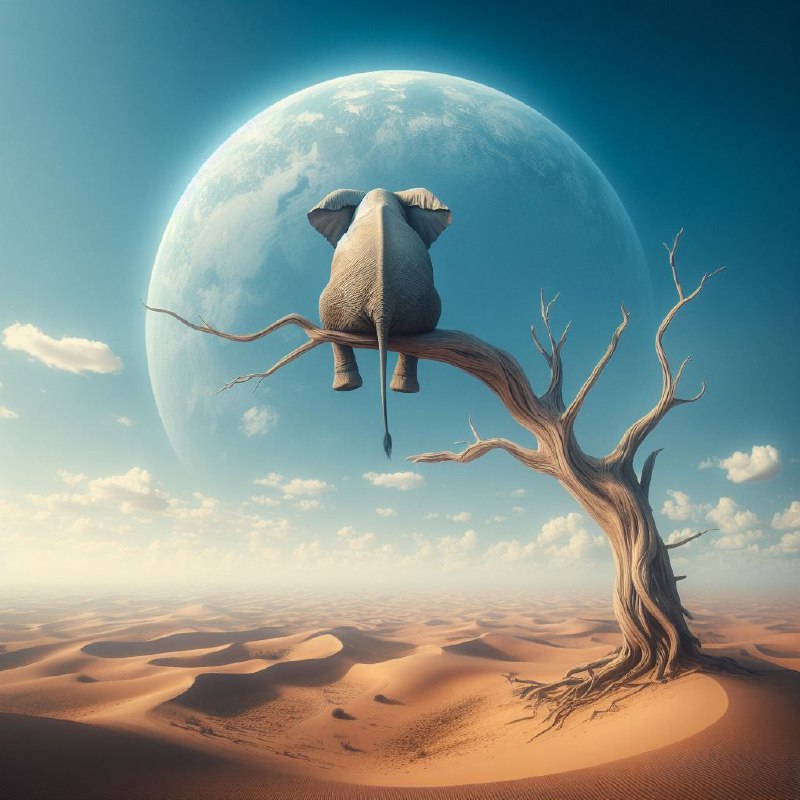 Surreal Elephant Sitting on Fragile Desert Tree Branch