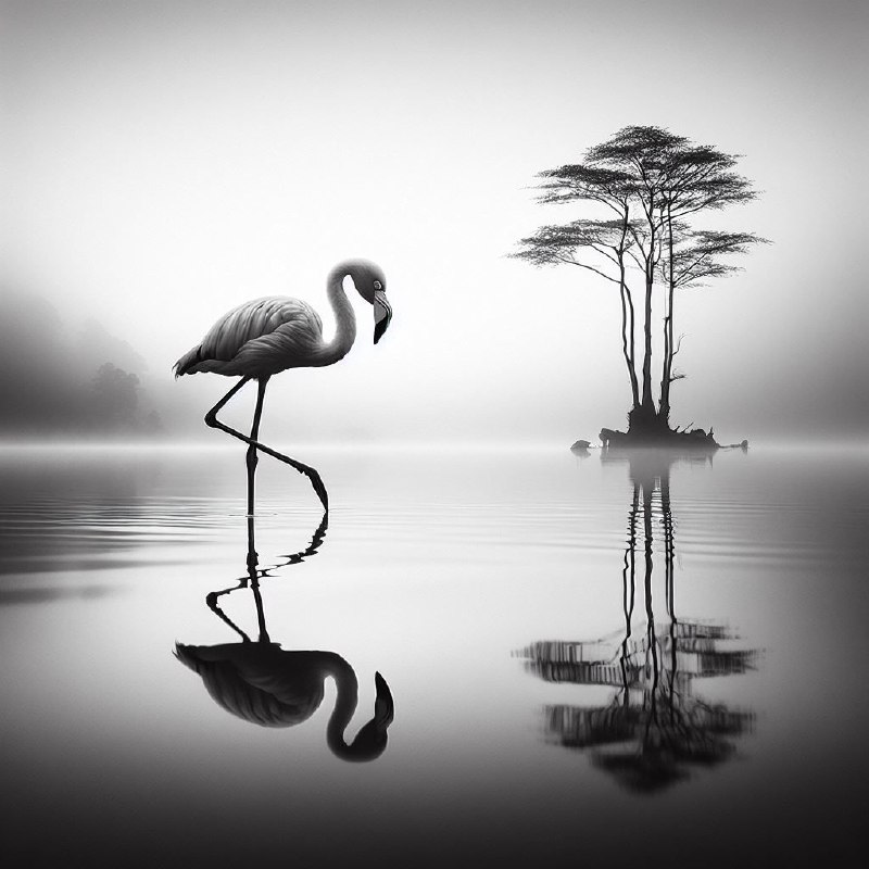 Minimalist Monochrome Flamingo Reflection on Misty Lake
