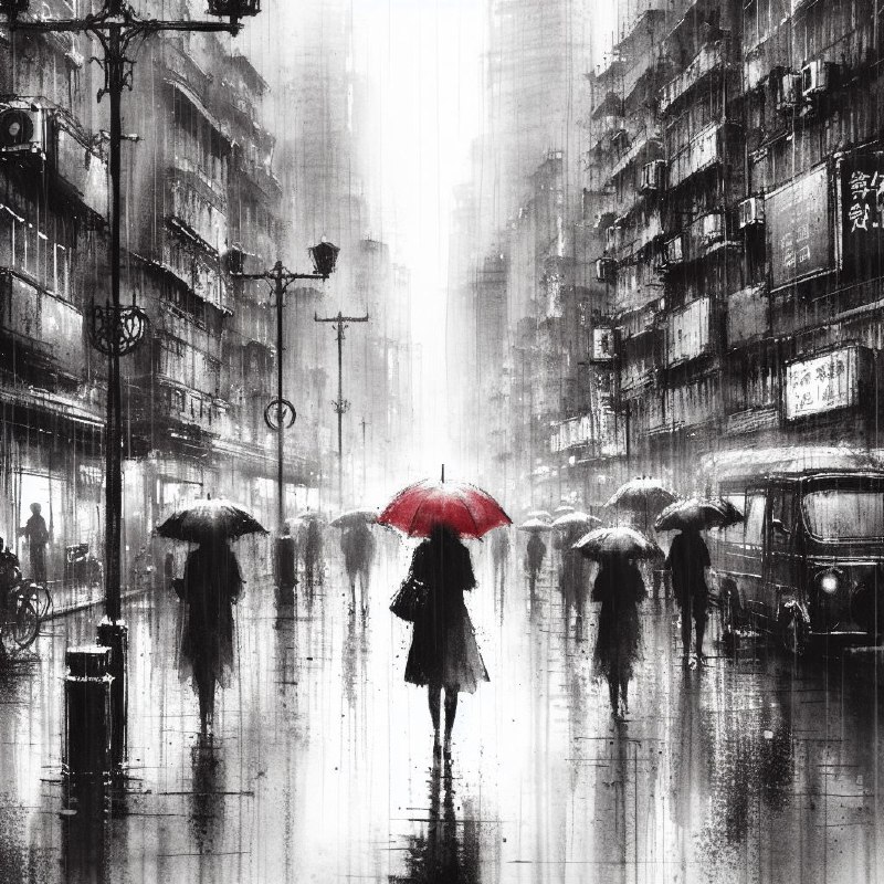 Rainy City Street With Red Umbrellas Ink Wash Art