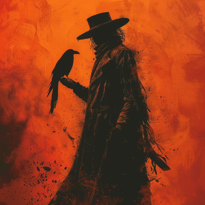 Shadowy Figure With Raven in Orange Fog Fantasy Art