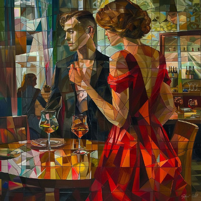 Cubist Oil Painting of Woman and Gentleman in Salon