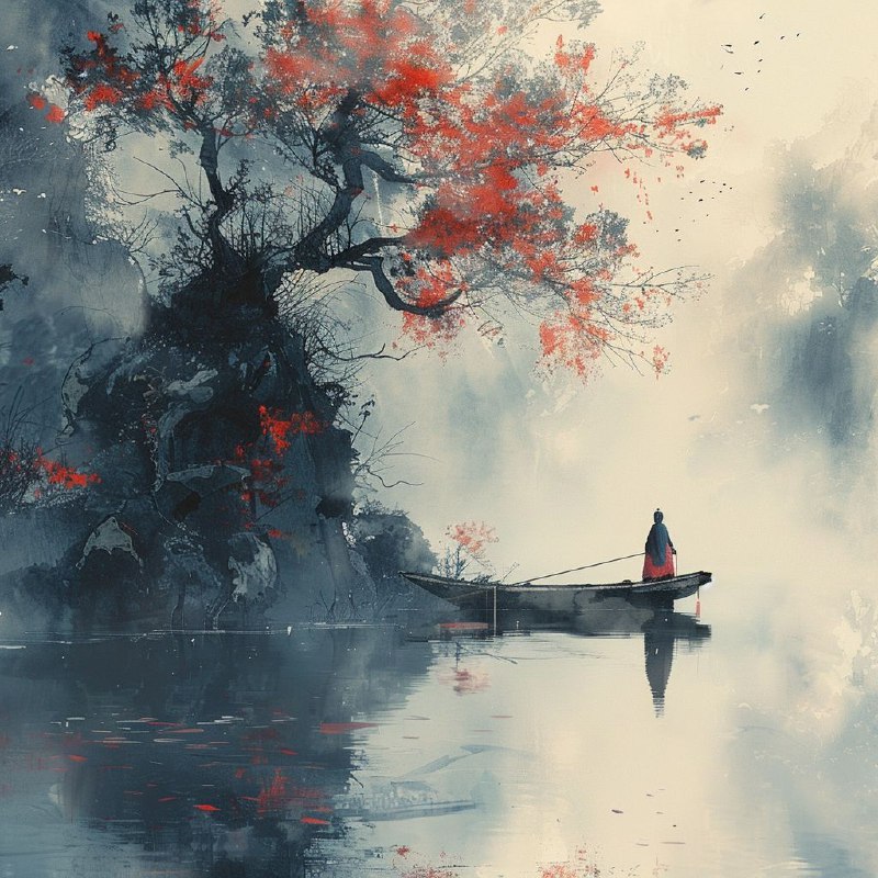 Han Dynasty Youth in Red on Misty Ink Painted Boat