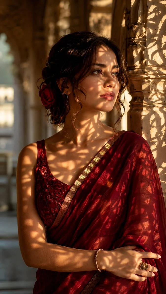Crimson Saree Portrait in Heritage Palace