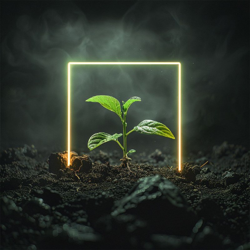 Seedling on Dark Background With Neon Quote Frame