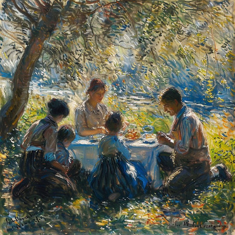 Monet Style Family Picnic in Sunny Park Oil Painting