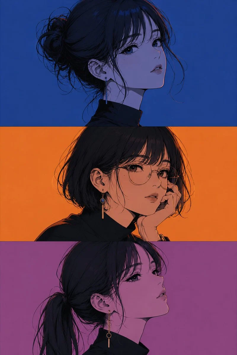 Three Panel Anime Girl Portrait Triptych