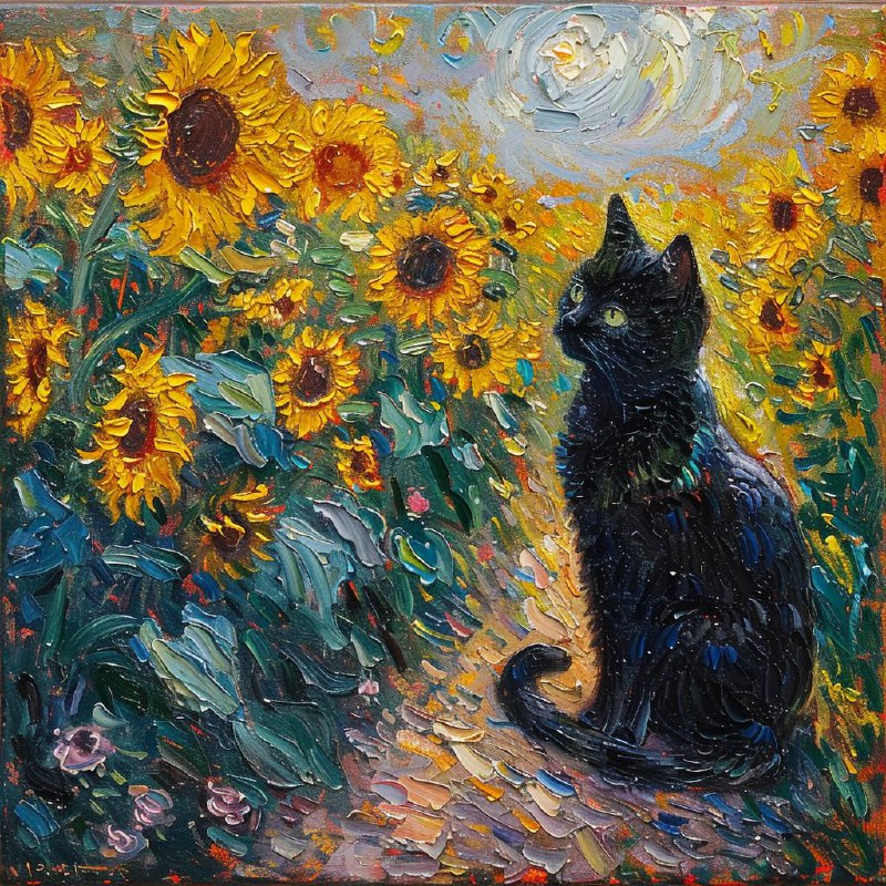 Black Cat Playing in Monet Sunflower Garden Painting