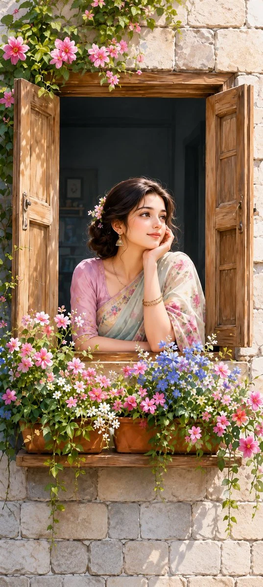 Saree Girl By Floral Window