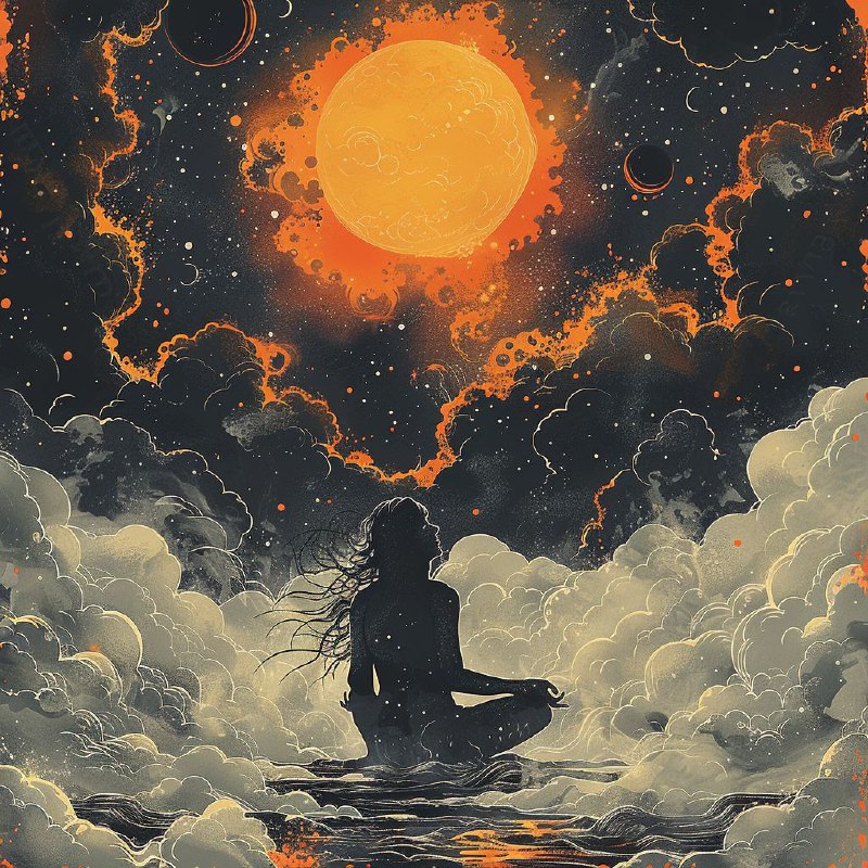 Meditating Figure With Head in Clouds Vintage Vector Art
