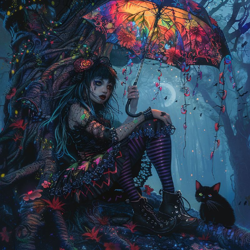 Gothic Girl With Floral Umbrella and Black Cat Art