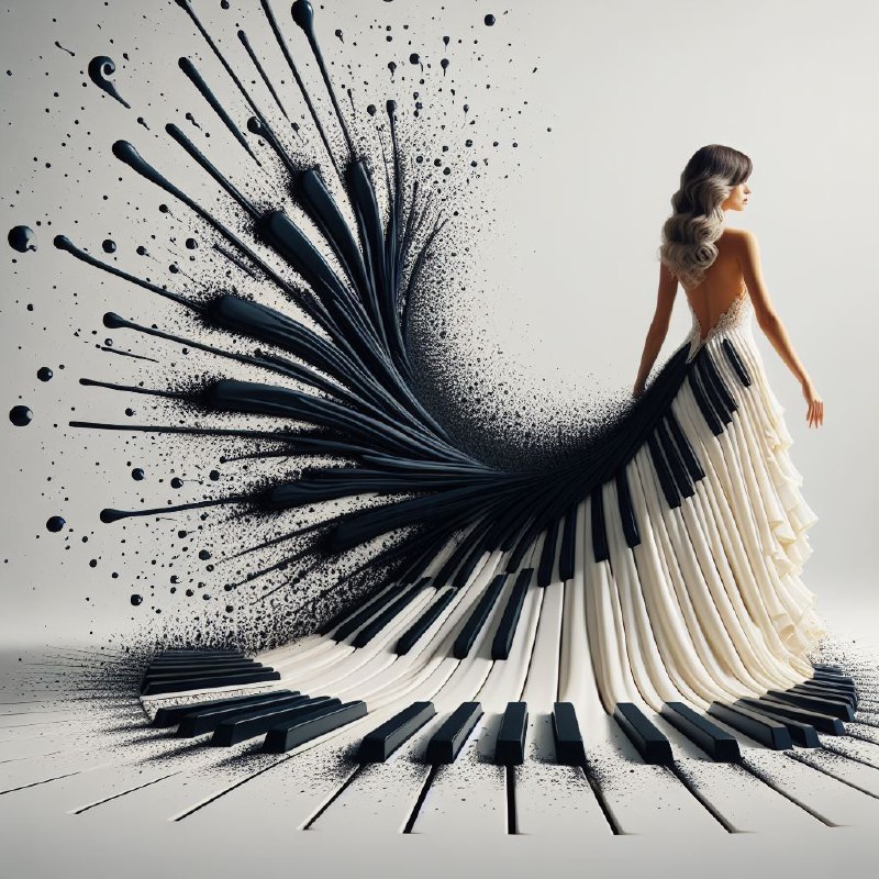 Woman in Piano Key Gown Hyperrealistic Fashion Photo