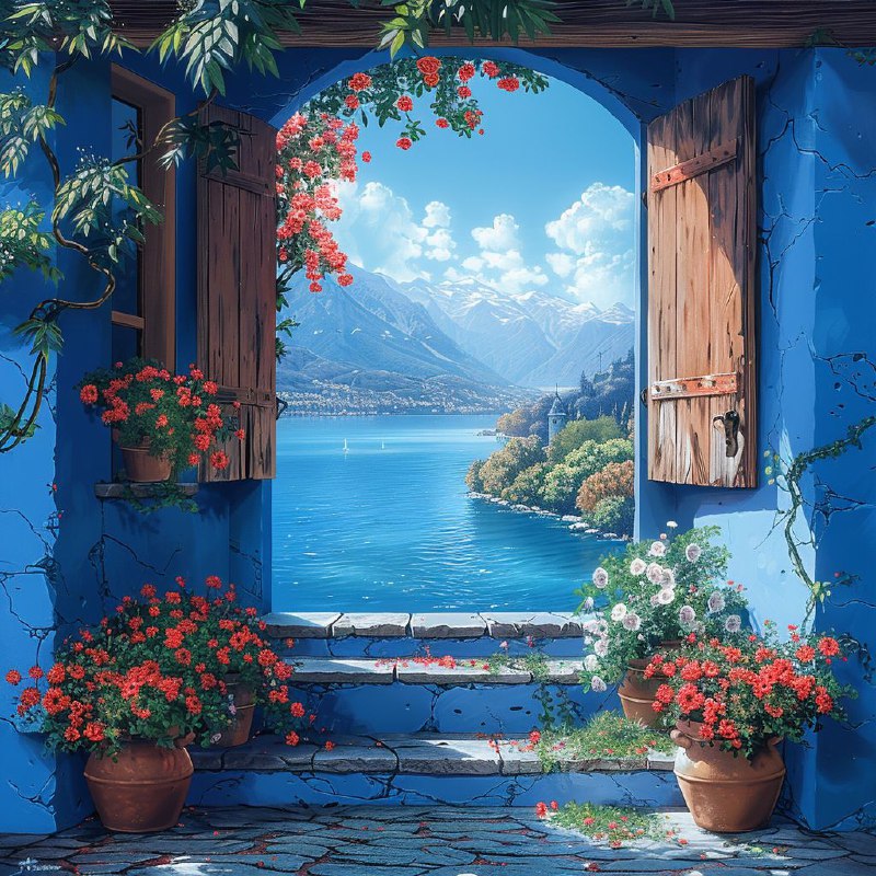 Blue Walls and Flower Pots Lakeside Window Oil Painting