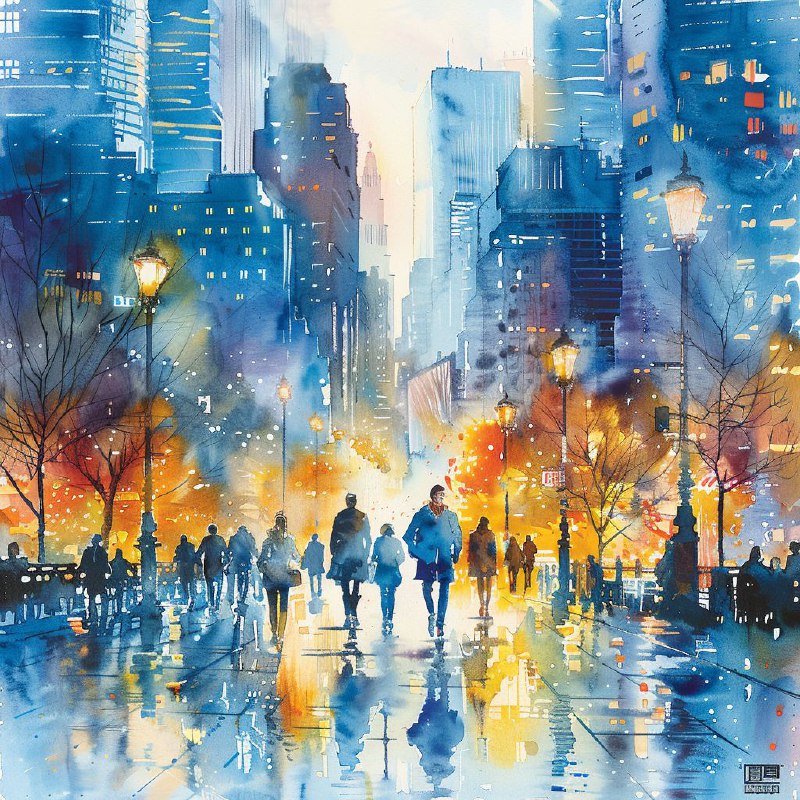 Watercolour People Strolling in Modern City Scene