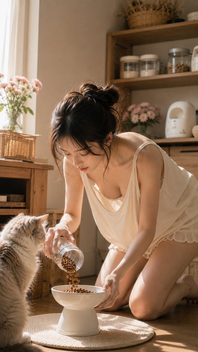 Morning Cat Feeding Girl