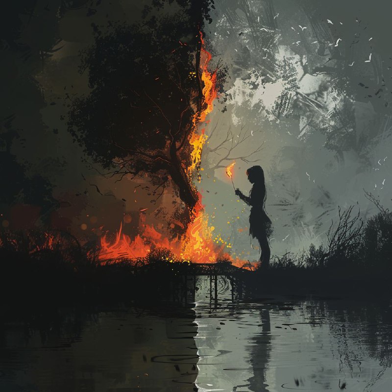 Emo Girl With Match Facing Burning Bridge Light and Dark