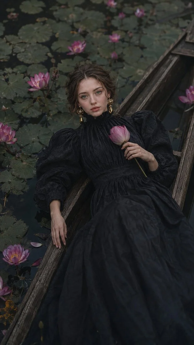 Dark Romantic Lotus Boat Fashion Editorial