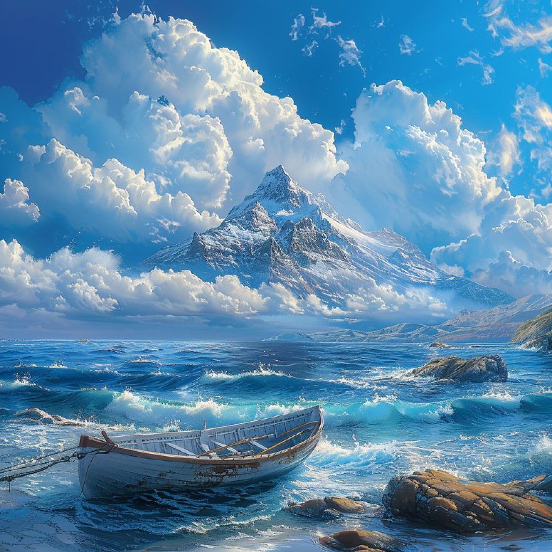 Epic Surreal Boat and Mountain Fantasy Oil Painting