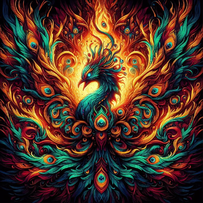 Glowing Tribal Art Peacock on Dark Colorful Background