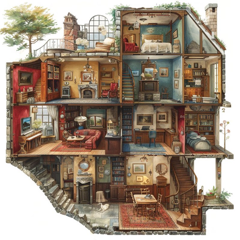 House Cross-Section With Themed Life Rooms Illustration