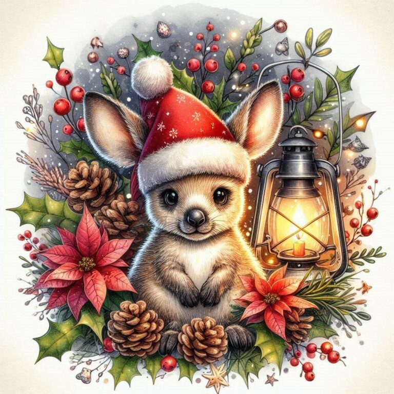 Baby Kangaroo in Santa Hat by Lantern