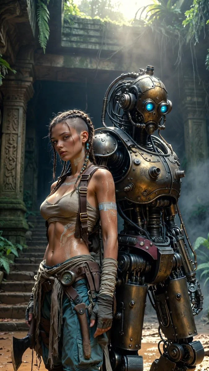 Cyberpunk Adventurer And Steampunk Mecha
