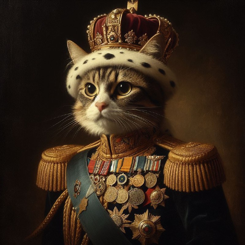 Cat as King of Spain in Ornate Military Uniform Portrait