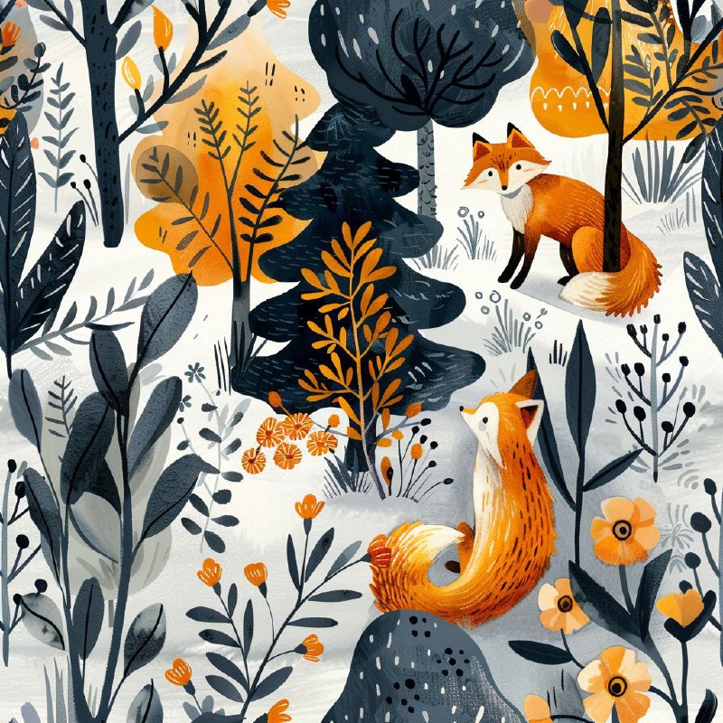 Cozy Pine Tree Fox and Flowers Forest Pattern Art