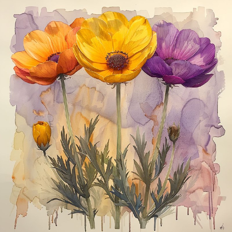 Watercolor Three Flowers in Various Stages of Bloom