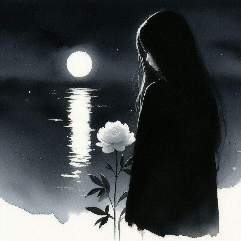 Sad Girl and White Peony in Moonlight