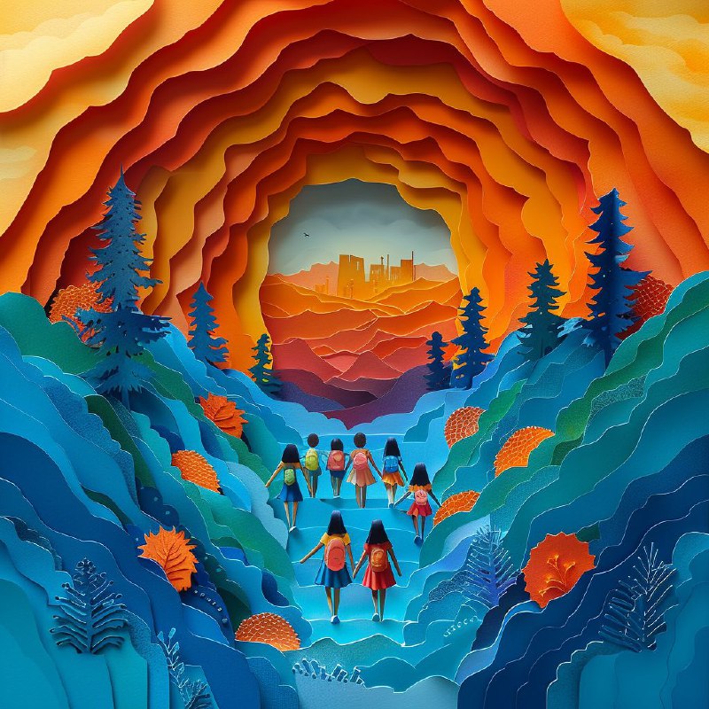 Children Explorers Paper-Cut Minimalist Vector Scene