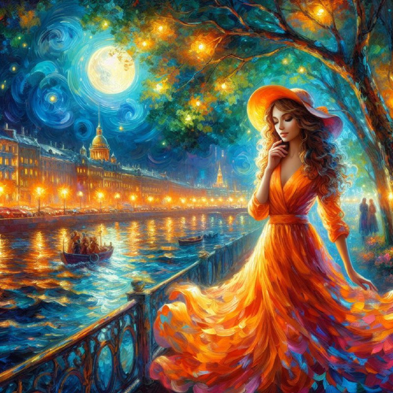 Girl in Orange Dress on Moonlit Petersburg Embankment