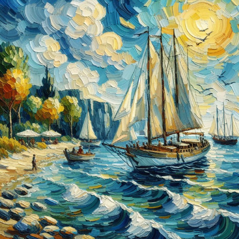 Van Gogh Style Impasto Yacht in Spring Ocean Cove