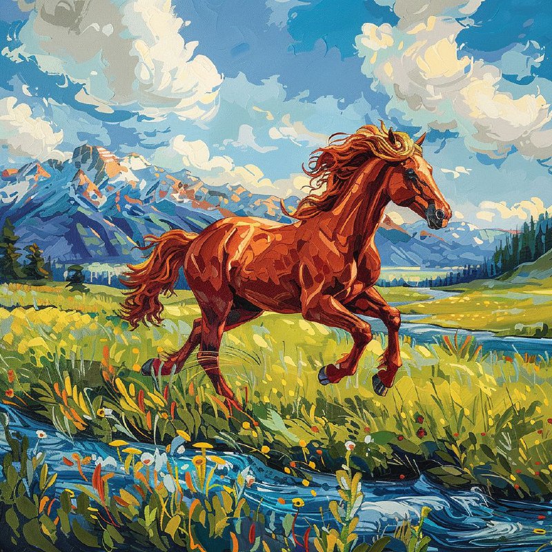 Red Horse Running on Grassland Oil Painting Perspective