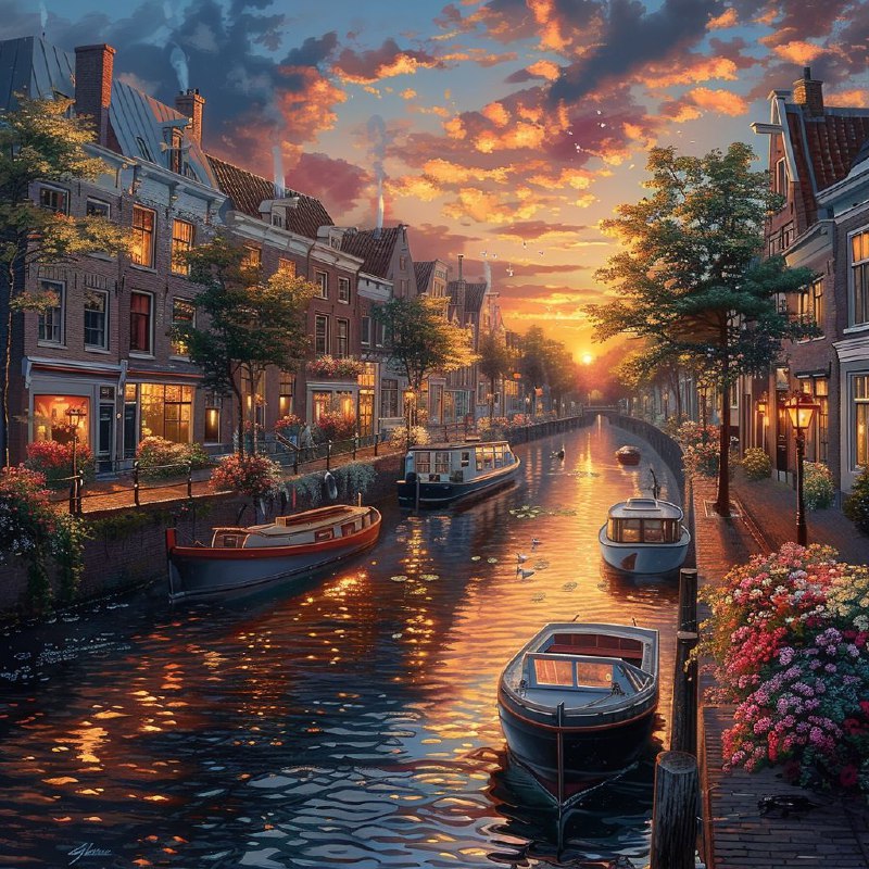 Canal Boats and Old Buildings at Dramatic Sunset Scene