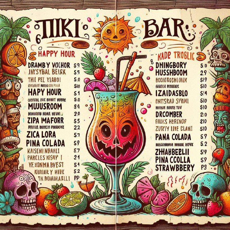 Tiki Bar Menu With Hand Drawn Tropical Drink Designs
