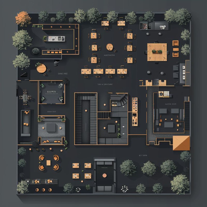 Restaurant Floor Plan Aerial Vector in Grey on Black