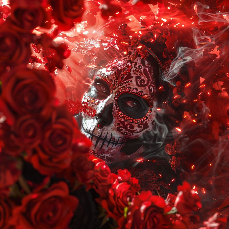 La Santa Muerte Dancing in Fire Surrounded by Roses